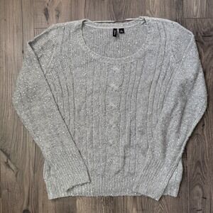 Relativity Women's XL‎ Gray Sparkle Sequin Cable Knit Sweater Long Sleeve Top
